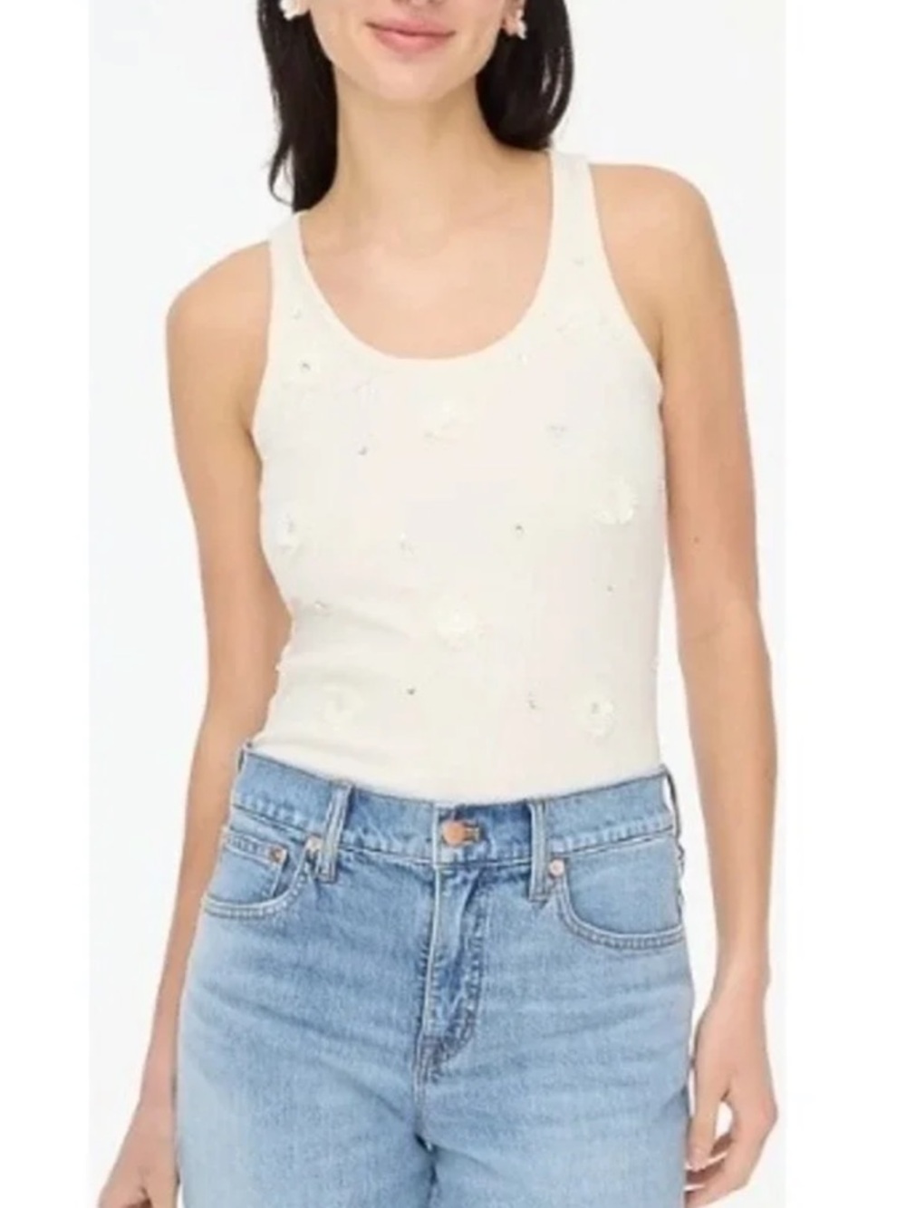 J. Crew Women's Ribbed Tank Top with Floral Appliqué‎ and Sequins Size S NWT